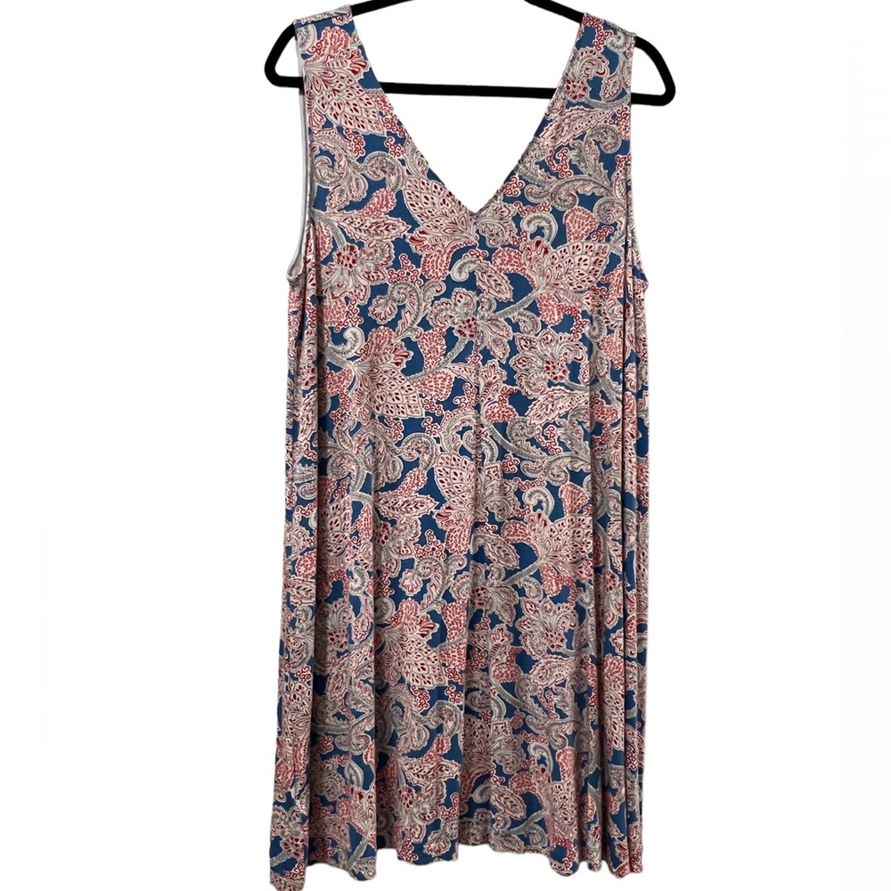LOFT Blue and Red Paisley V Neck Swing Dress